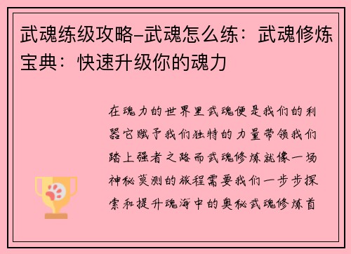 武魂练级攻略-武魂怎么练：武魂修炼宝典：快速升级你的魂力