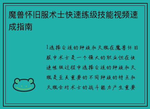 魔兽怀旧服术士快速练级技能视频速成指南